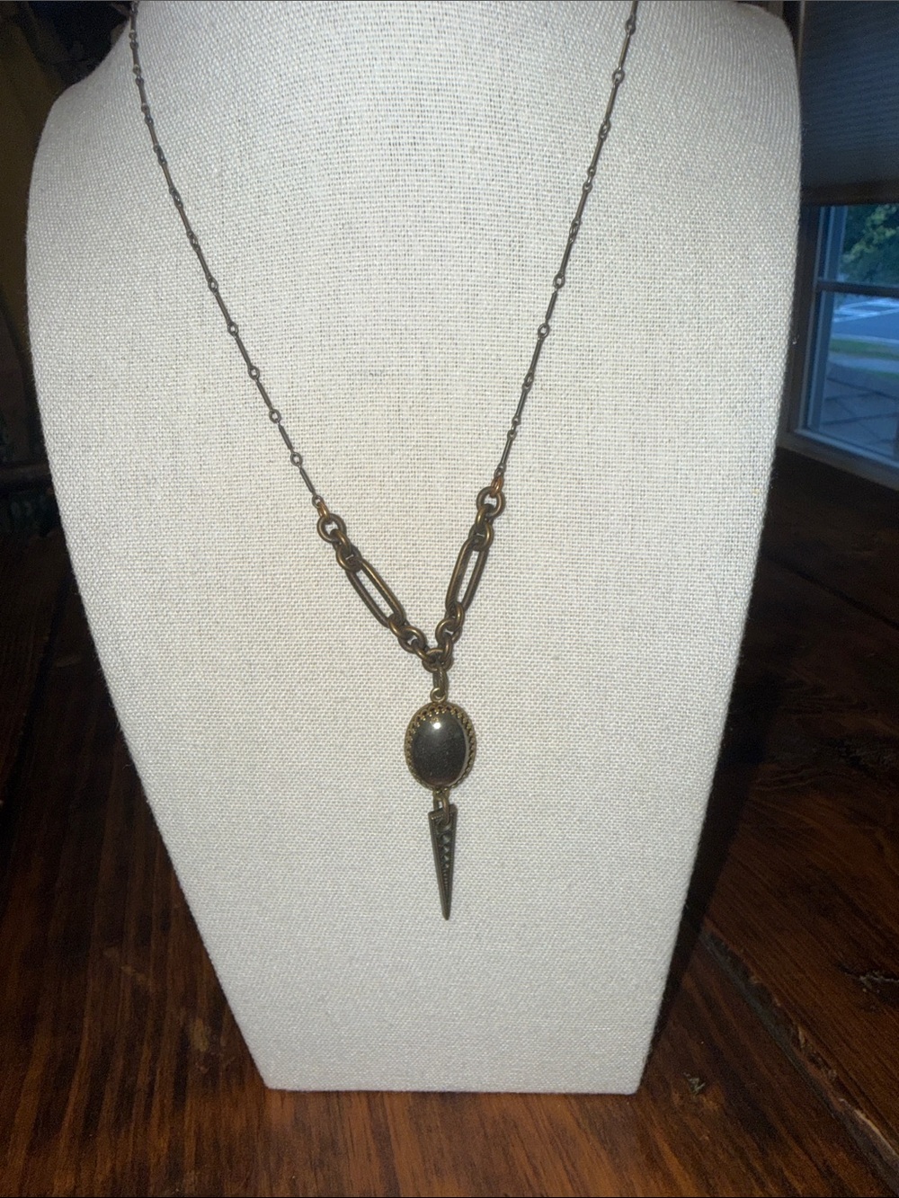 Mark Edge Antique Brass Pendant Necklace with Dark Stone